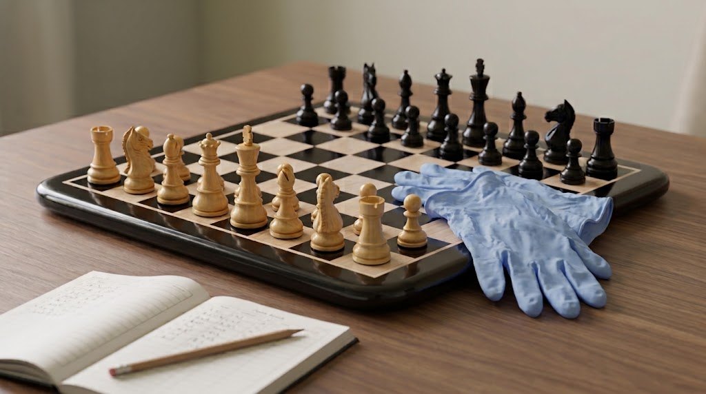 Wooden chess set mid-game with surgical gloves and a scorebook beside the board