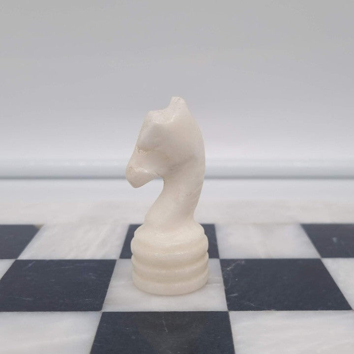 Black & White Marble Chess Set - Damaged Product Sale - chipped white Knight