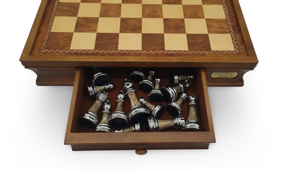 Chess board showing off storage for pieces