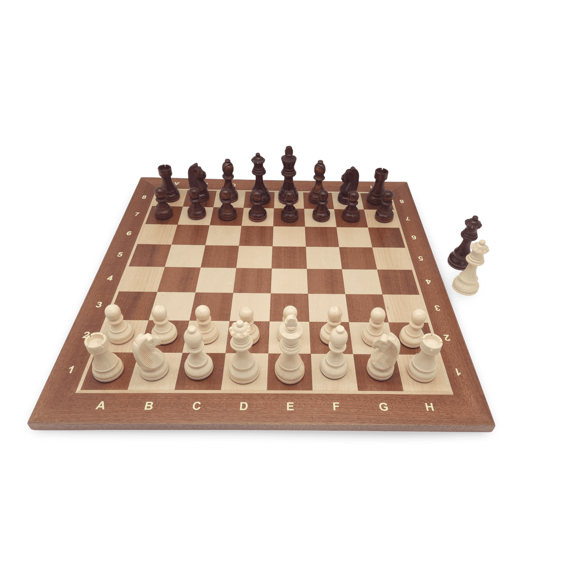 Wooden chess pieces displayed on board