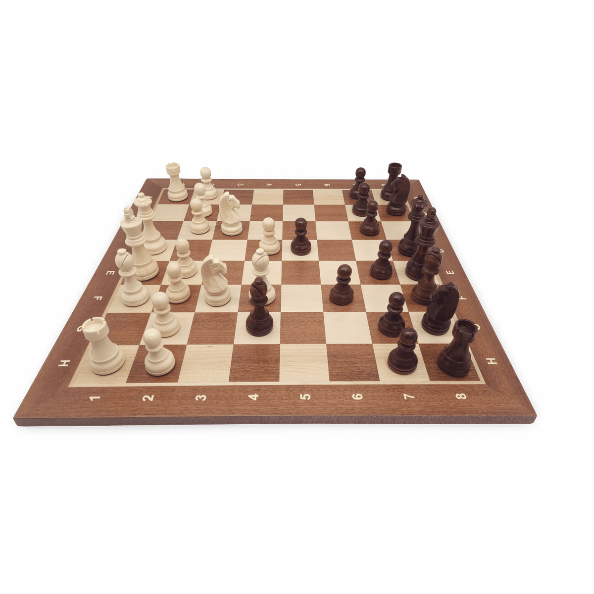 Wooden chess pieces displayed on board - side view
