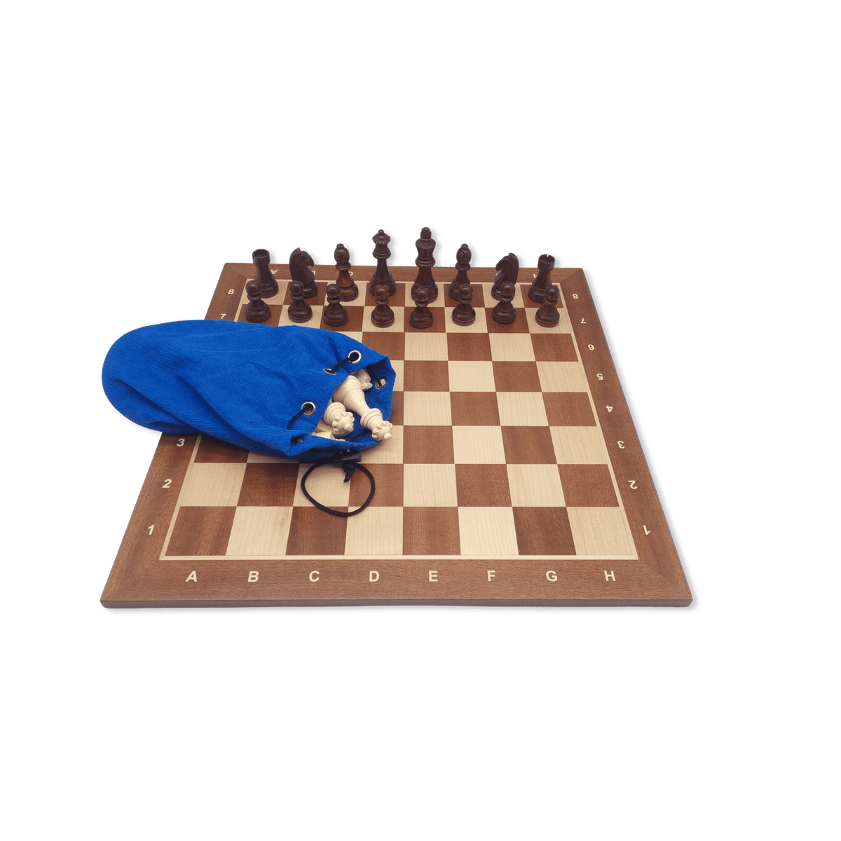 Wooden chess pieces displayed on board with storage bag