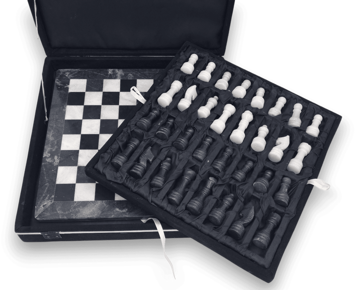 Black Onyx and White Marble INVERTED Chess Set in Black Case