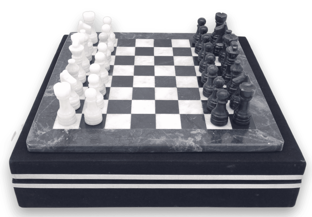 Black Onyx and White Marble INVERTED Chess Set with Black Case