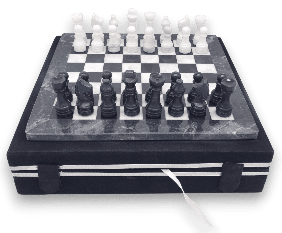 Black Onyx and White Marble INVERTED Chess Set with Black Case