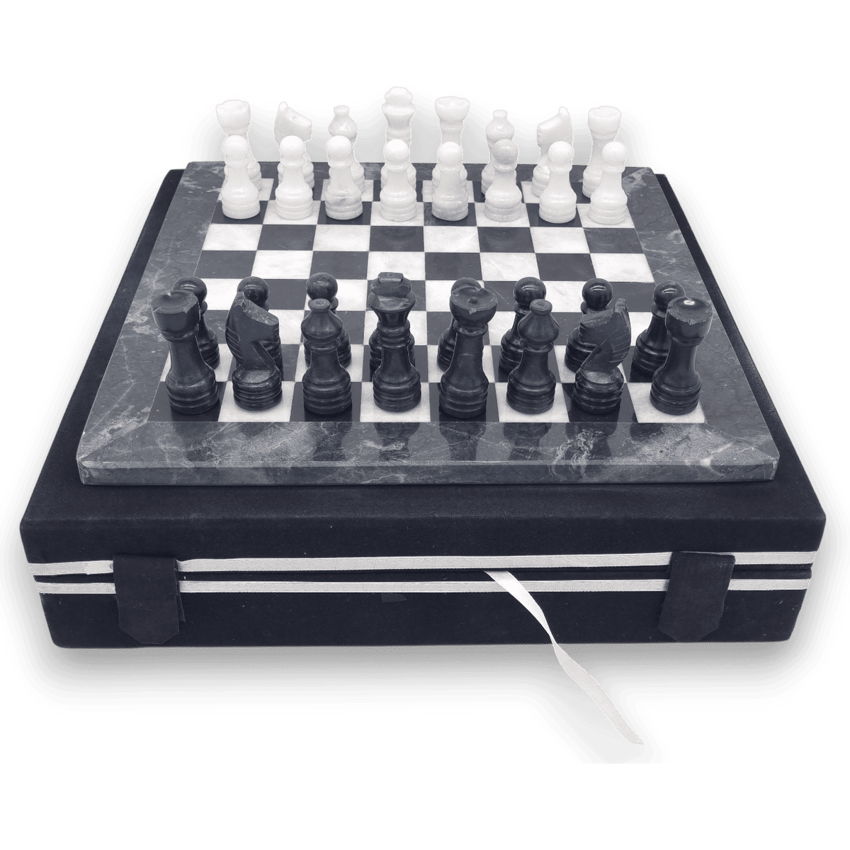 Black Onyx and White Marble INVERTED Chess Set with Black Case