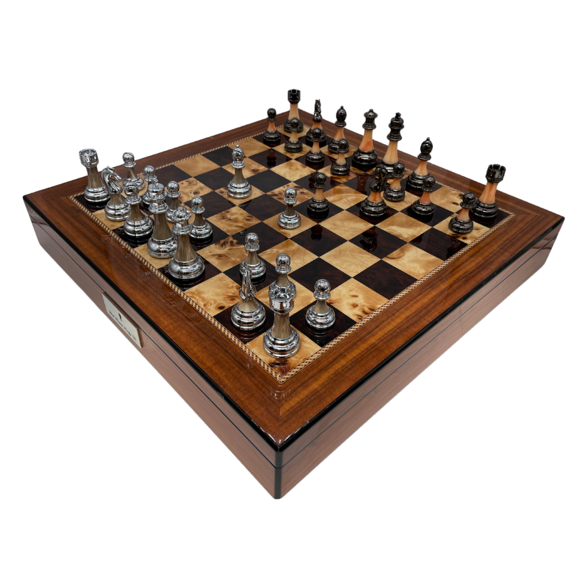 Dal Rossi 50cm Walnut Board with 90mm Metal and Marble look Stem Chess Pieces (L2255DRandDCP15H) play