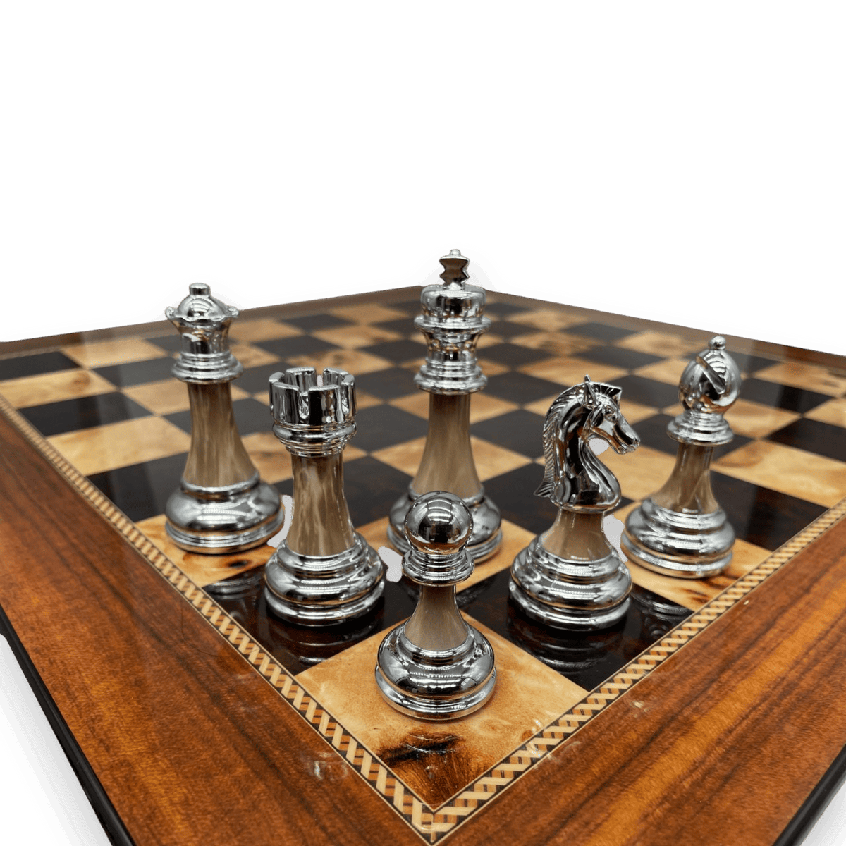 Dal Rossi 50cm Walnut Board with 90mm Metal and Marble look Stem Chess Pieces (L2255DRandDCP15H) light