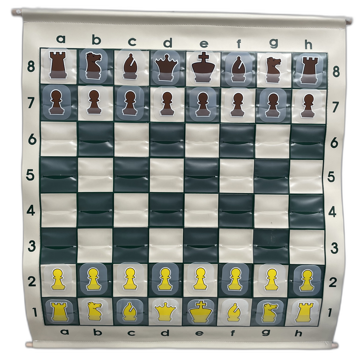 Chess Demo Board 90cm with Slotted pouches showing pieces