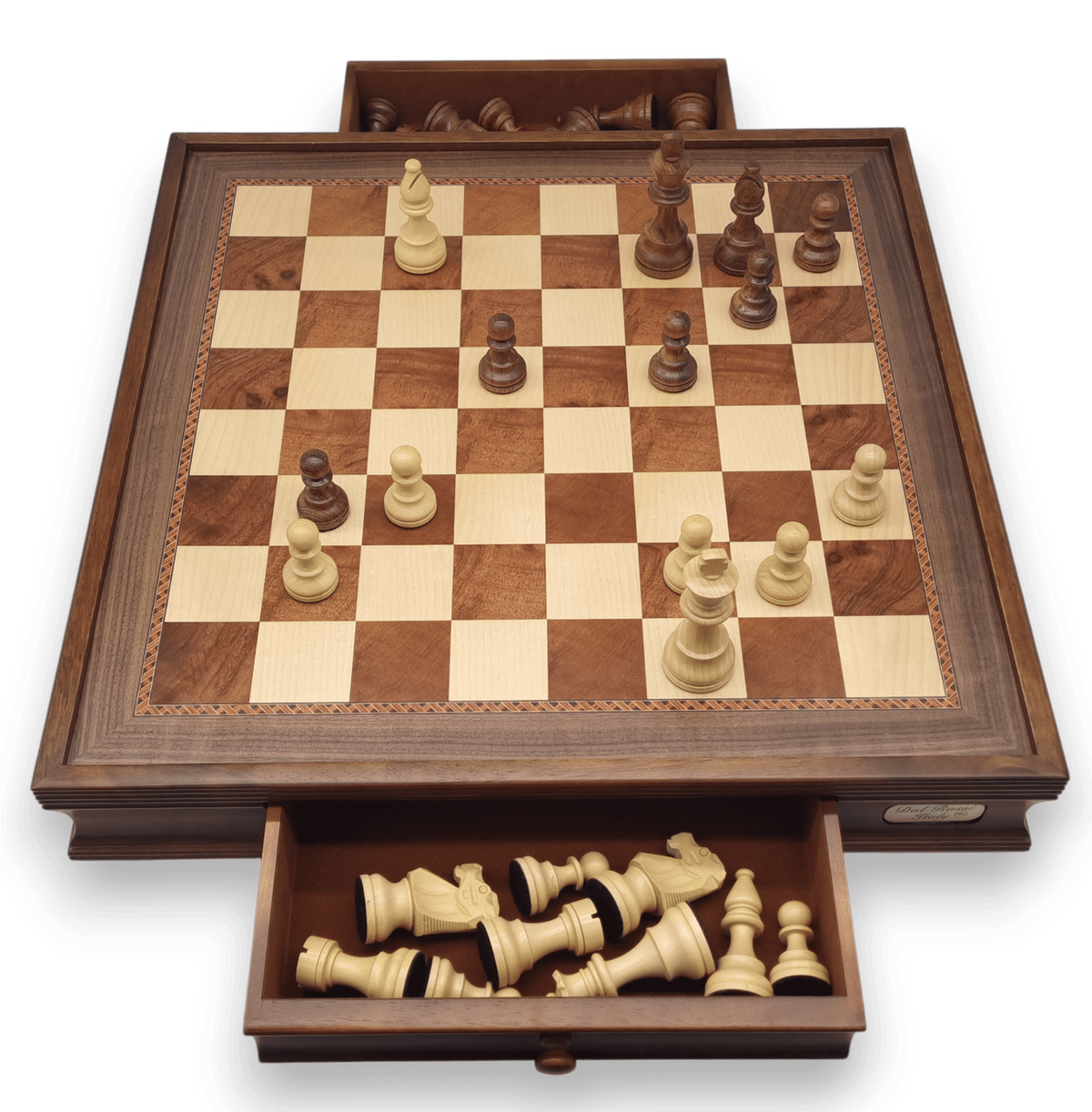 Dal Rossi 50cm Wooden Board with Drawers and Dal Rossi 95mm Sheesham Double Weighted Chess Pieces drawers open