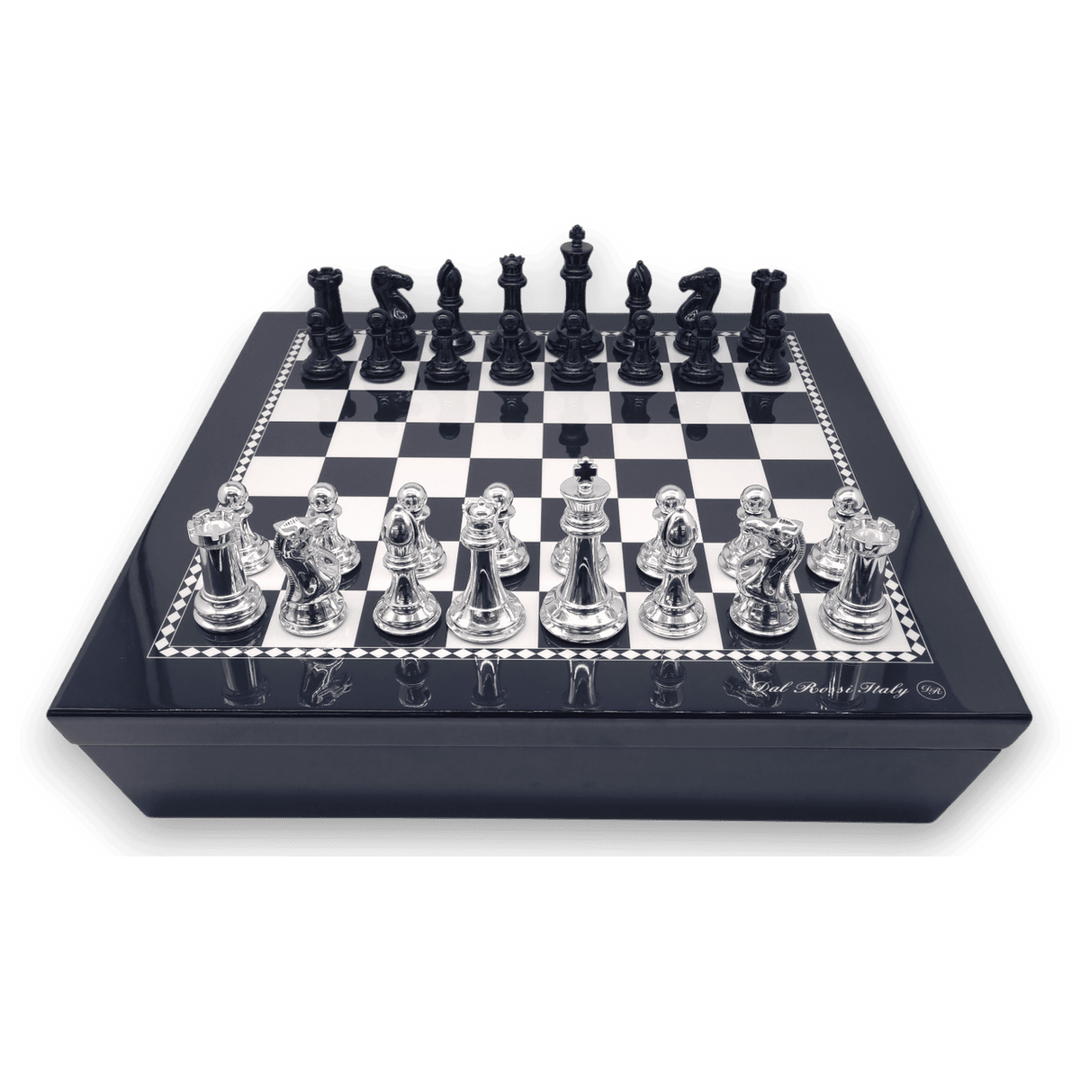 Dal Rossi Italy Black and White High Gloss Finish Angular Chess Box 50cm with compartments and Resin Staunton Pieces with High-Gloss Look - Silver & Black