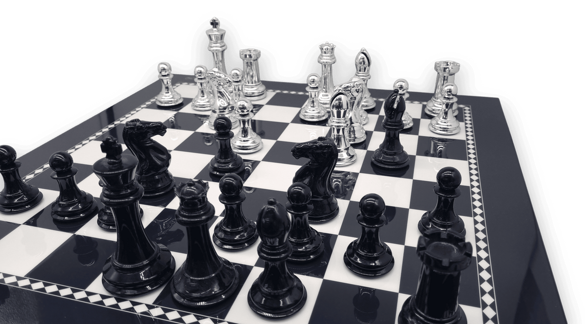 Dal Rossi Italy Black and White High Gloss Finish Angular Chess Box 50cm with compartments and Resin Staunton Pieces with High-Gloss Look - Silver & Black close up view