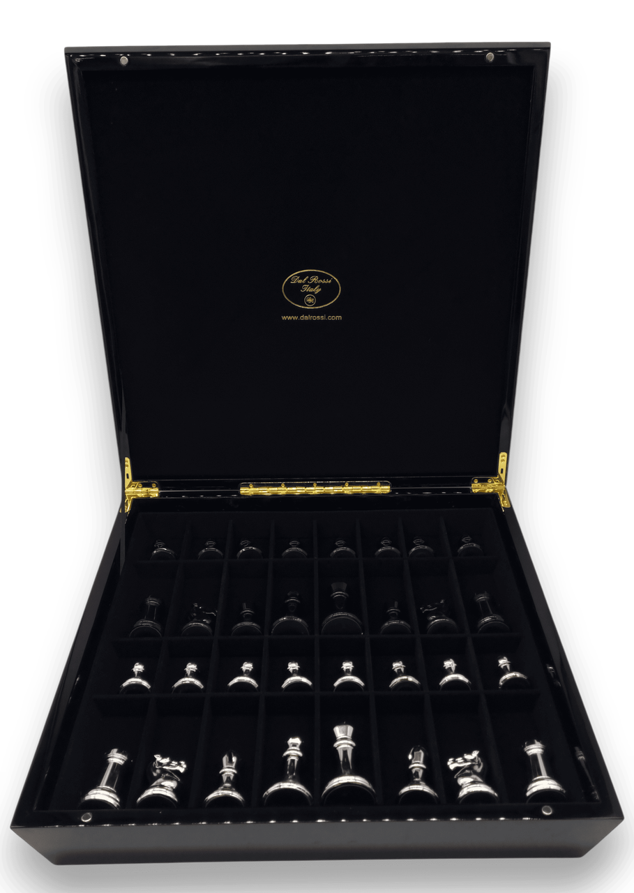Dal Rossi Italy Black and White High Gloss Finish Angular Chess Box 50cm with compartments and Resin Staunton Pieces with High-Gloss Look - Silver & Black storage open