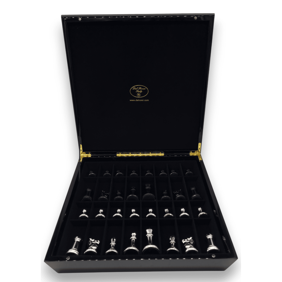 Dal Rossi Italy Black and White High Gloss Finish Angular Chess Box 50cm with compartments and Resin Staunton Pieces with High-Gloss Look - Silver & Black storage open
