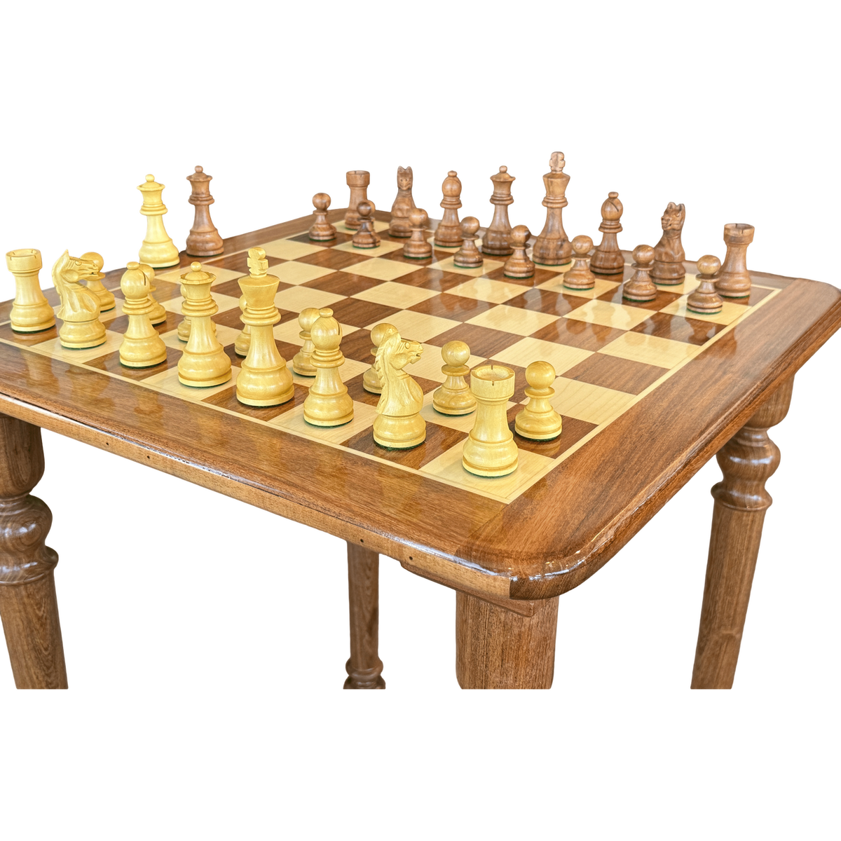 Paris Classic Chess Pieces on Wooden Rex Noir Chess Table with Double Queens