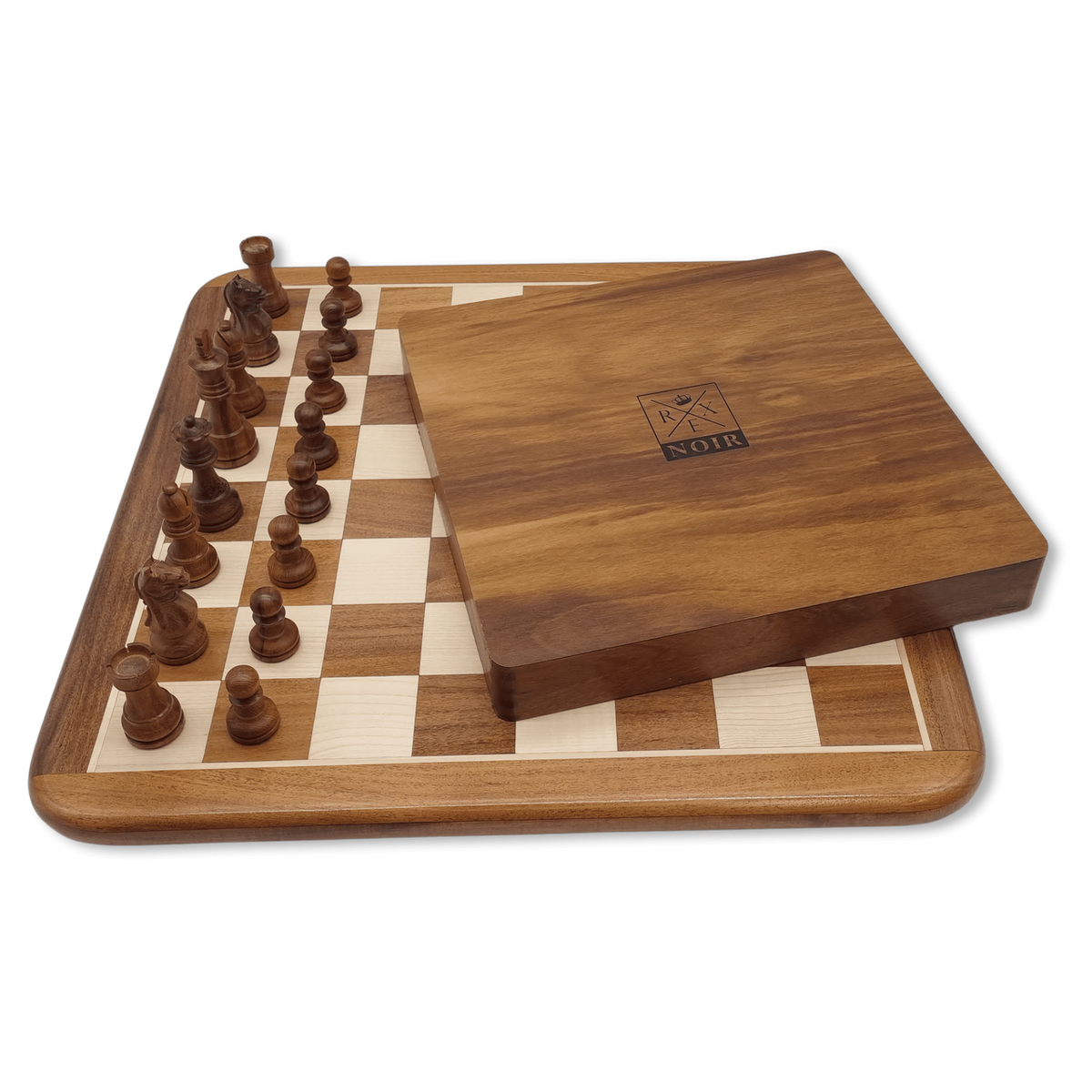 Rex Noir London Classic Double Weighted Acacia Staunton Chess Pieces with carved Knight board and box