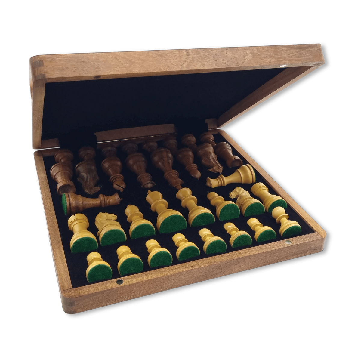 Rex Noir London Classic Double Weighted Acacia Staunton Chess Pieces with carved Knight open box