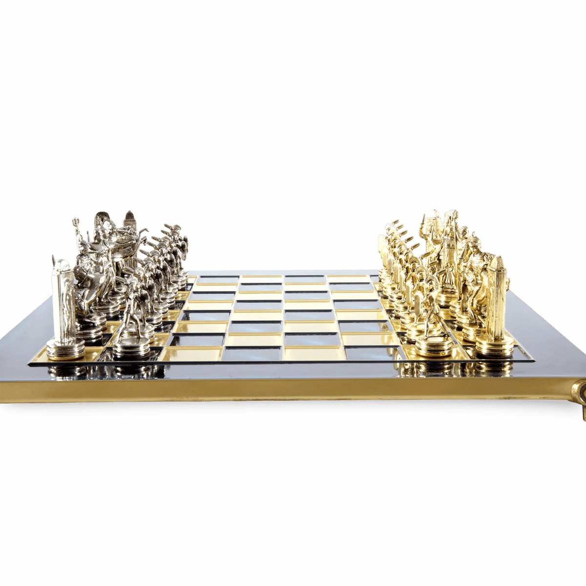 Greek mythology chess pieces blue metal board themed chess set side view