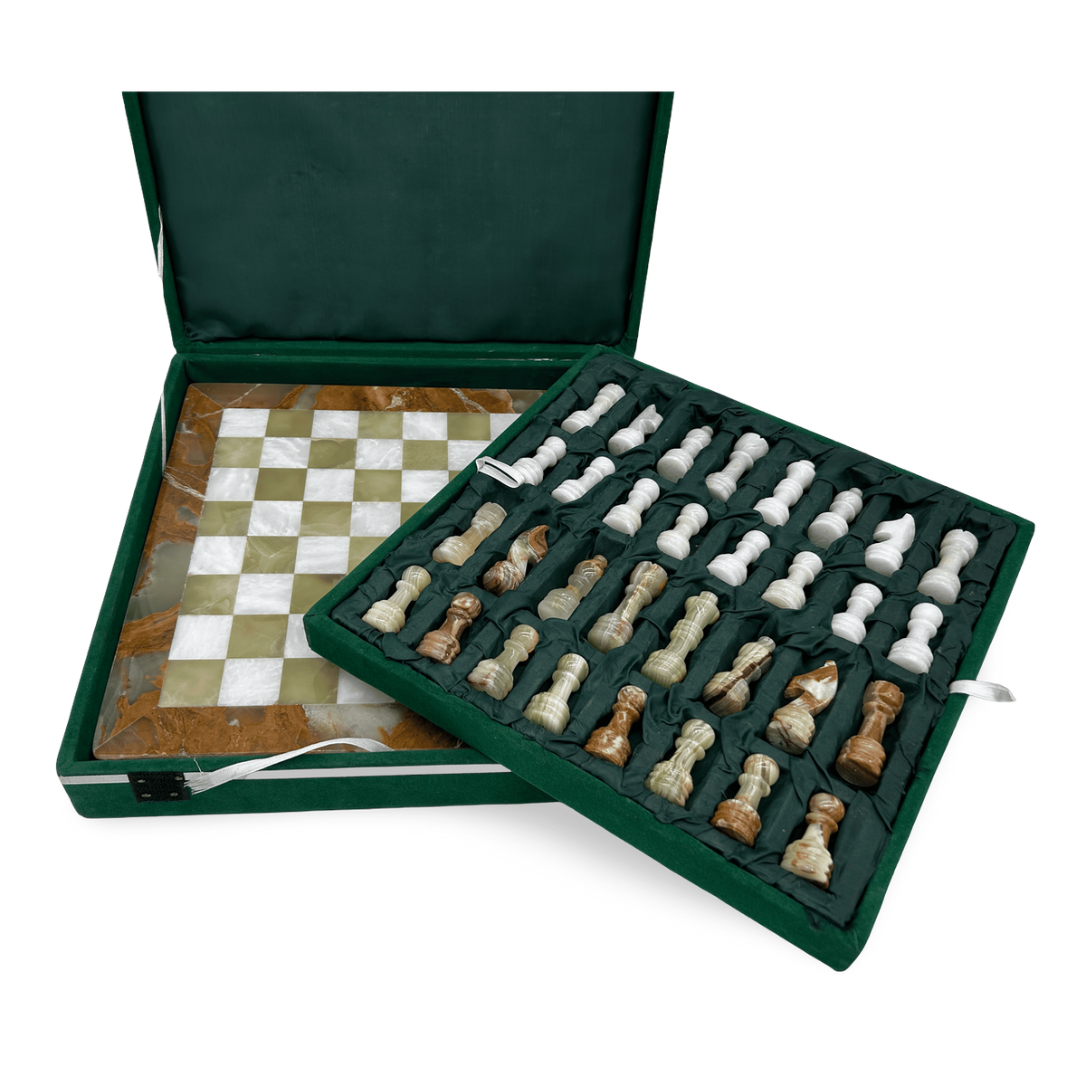 Green Onyx & White Marble Chess Set with Green Velur Case