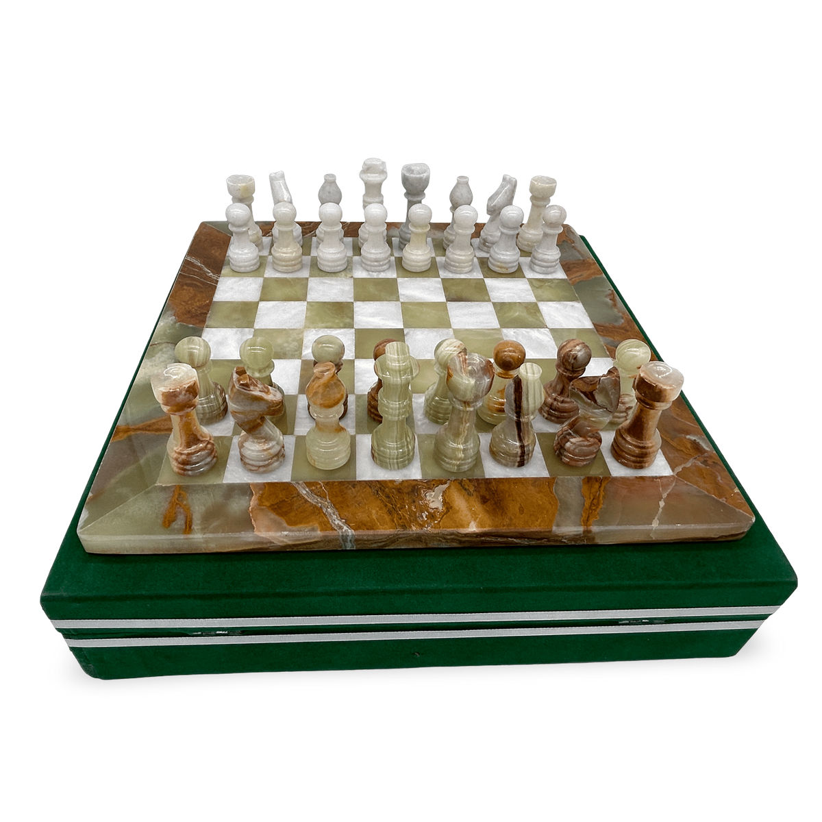 Green Onyx & White Marble Chess Set with Green Velur Case