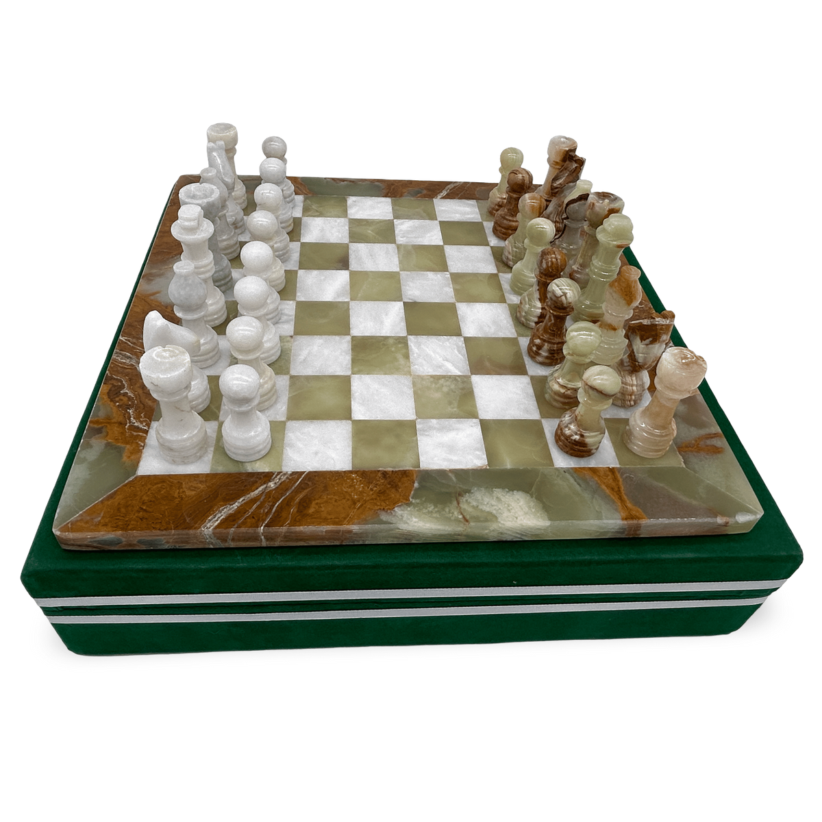 Green Onyx & White Marble Chess Set with Green Velur Case