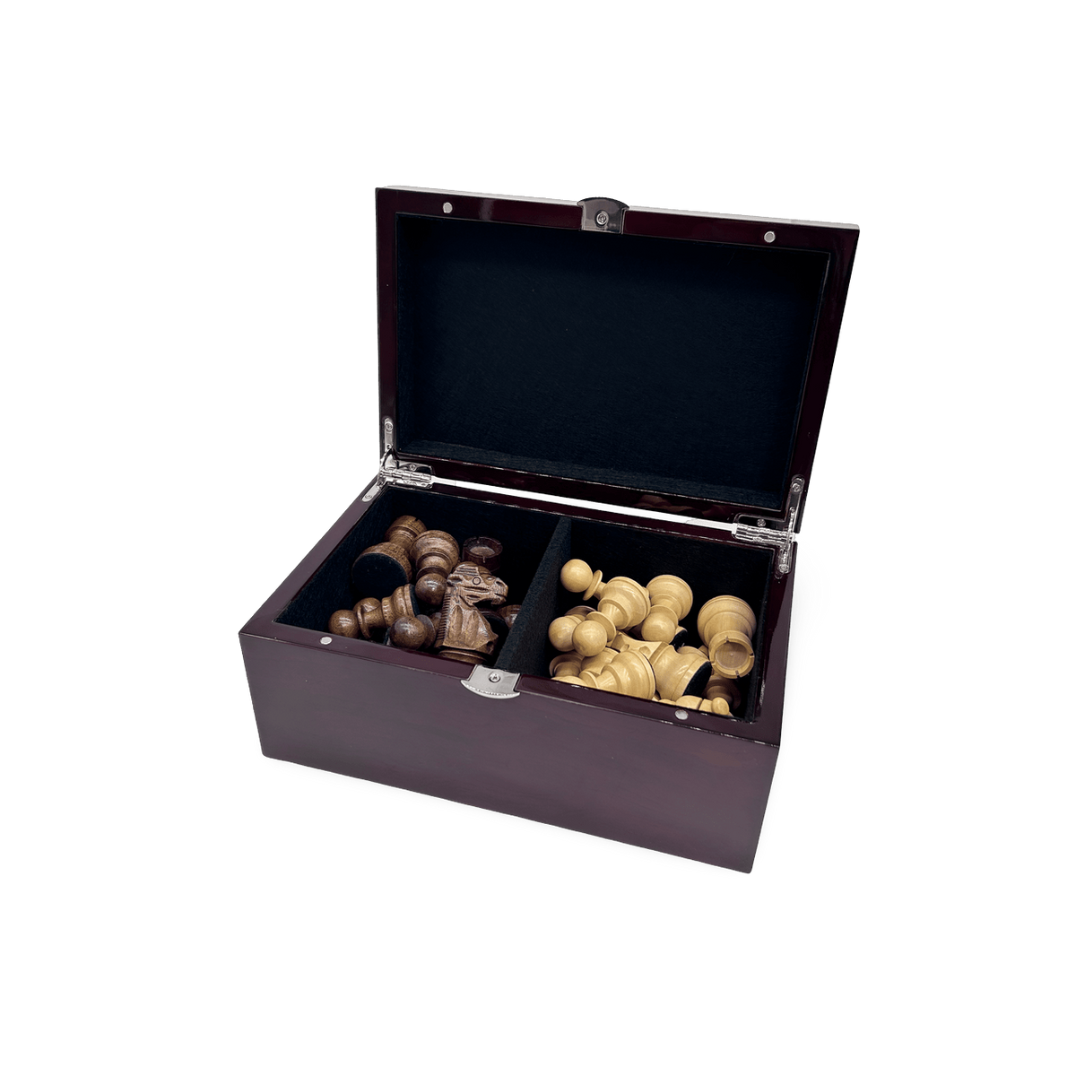 Dal Rossi Mahogany Storage Box for Chess Pieces - chipped veneer - with 95mm wooden pieces