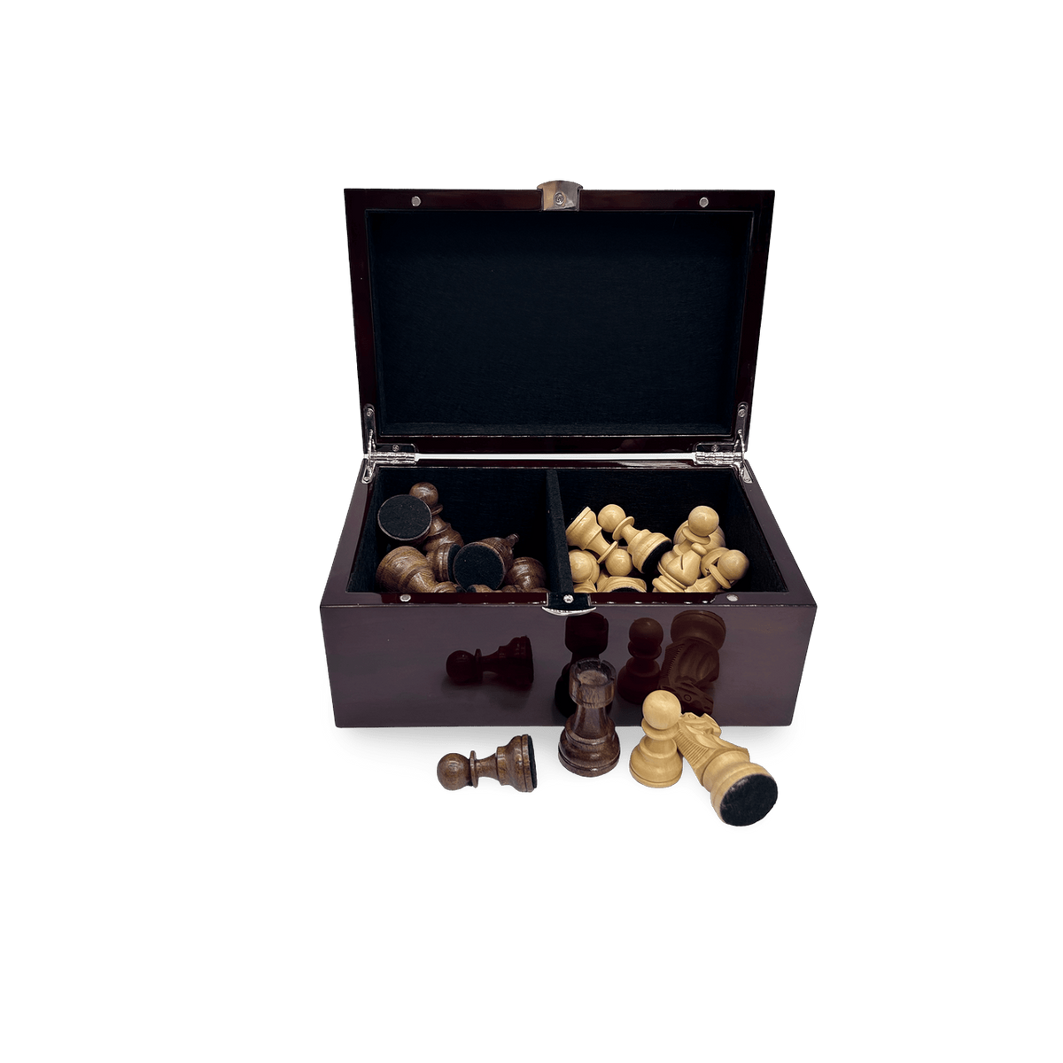 Dal Rossi Mahogany Storage Box for Chess Pieces - chipped veneer - with wooden pieces