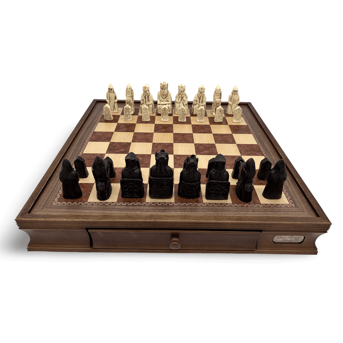 Dal Rossi Isle of Lewis Chess Pieces with 50cm Wooden Chess Board with Storage Drawers - initial position