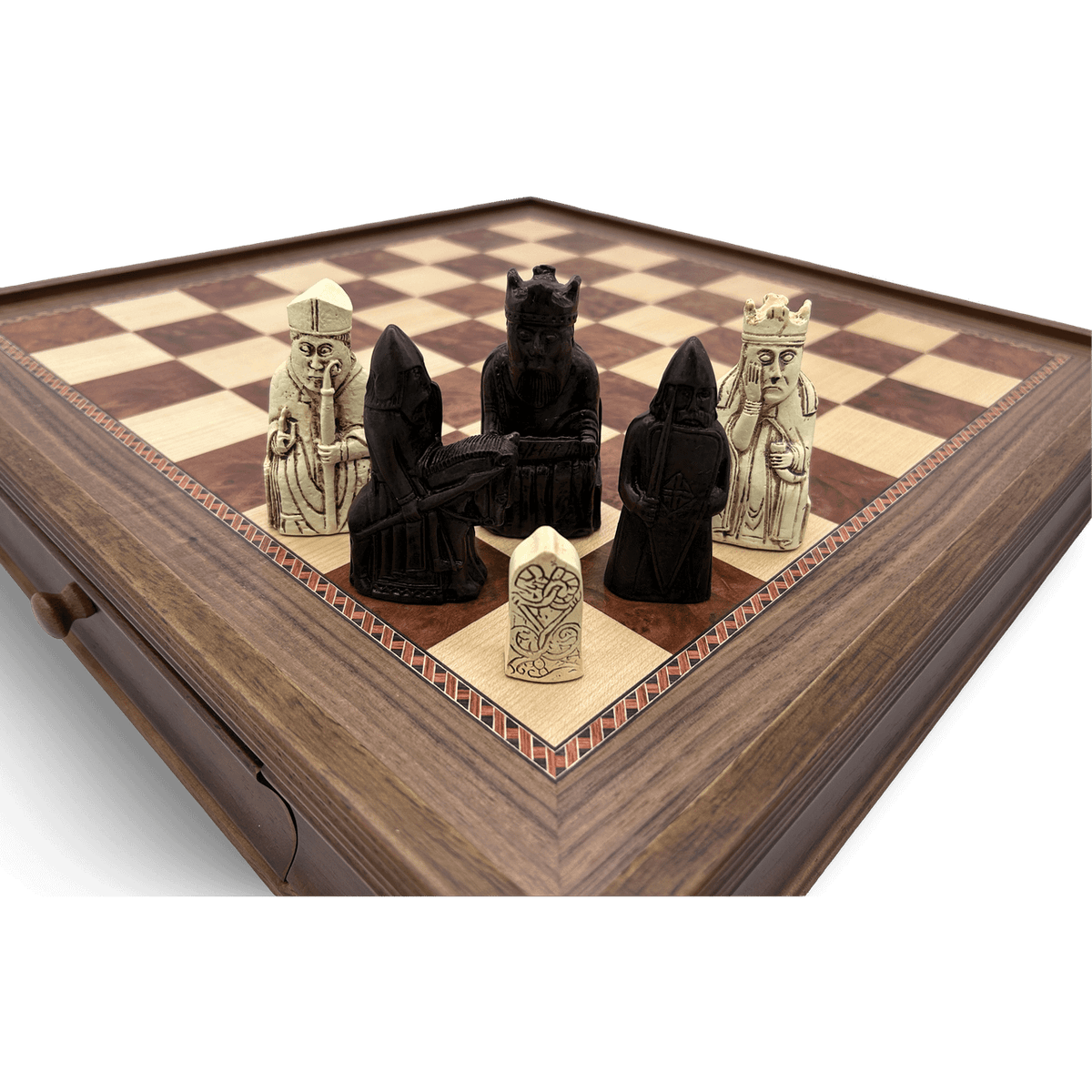 Dal Rossi Isle of Lewis Chess Pieces with 50cm Wooden Chess Board with Storage Drawers - pieces closeup