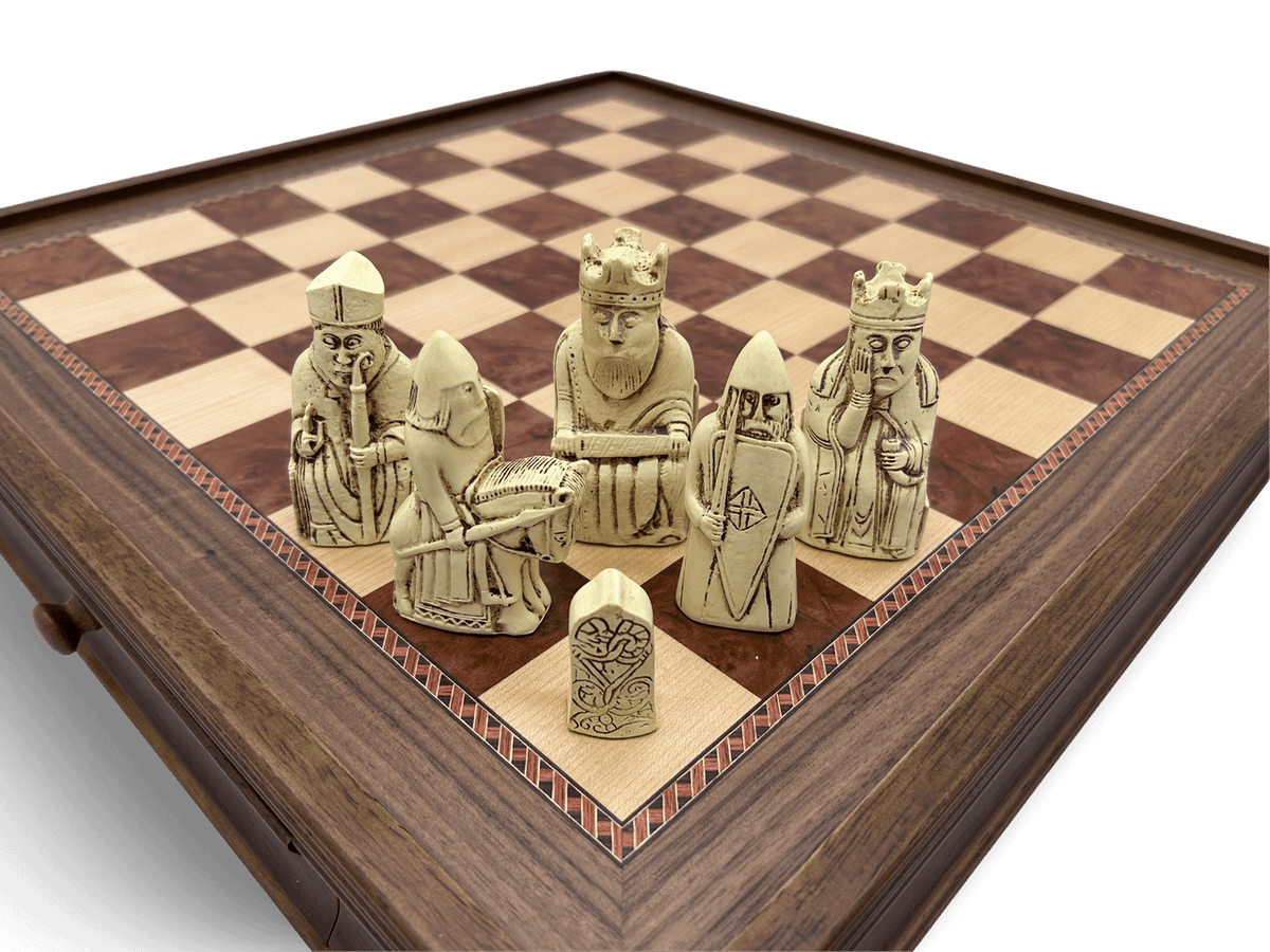 Dal Rossi Isle of Lewis Chess Pieces with 50cm Wooden Chess Board with Storage Drawers - white pieces