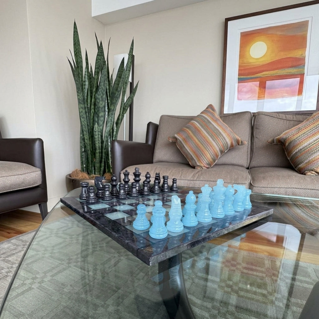 Midnight Tide Classic Alabaster Chess Set - living room - close up