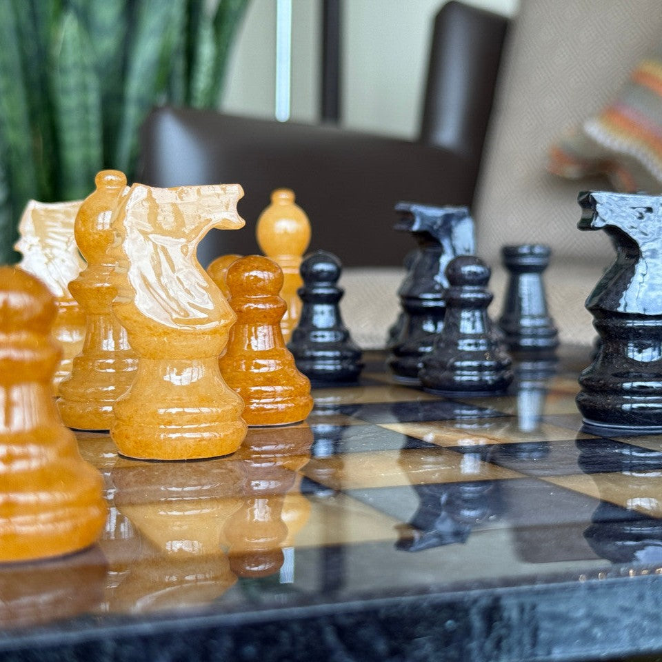 Amber Glow Classic Alabaster Chess Set - living room - detail