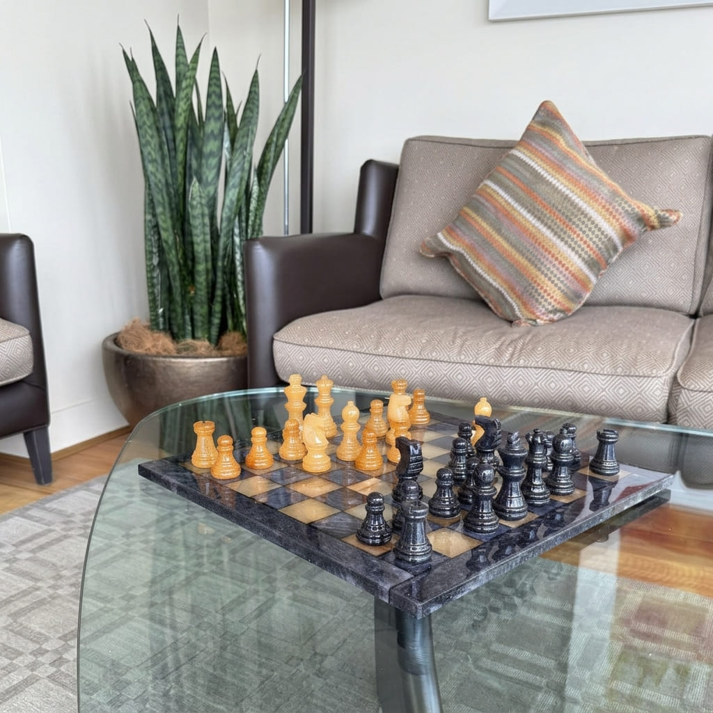 Amber Glow Classic Alabaster Chess Set - living room