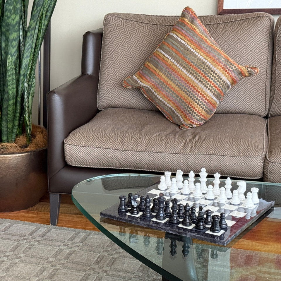 Midnight Pearl Classic Alabaster Chess Set - living room