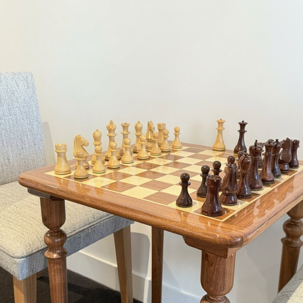 World Championship pieces on Wooden Rex Noir Chess Table - Detail