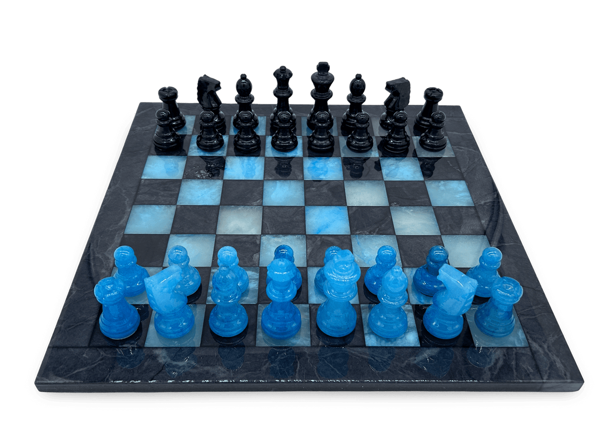 Midnight Tide Classic Alabaster Chess Set - blue and black