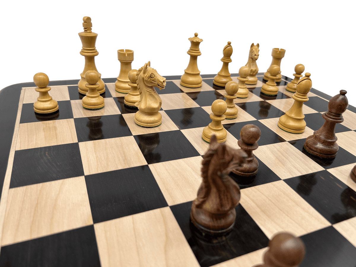Rex Noir London Classic Double Weighted Acacia Staunton with detailed Knight Chess Pieces Ebony Chessboard during game