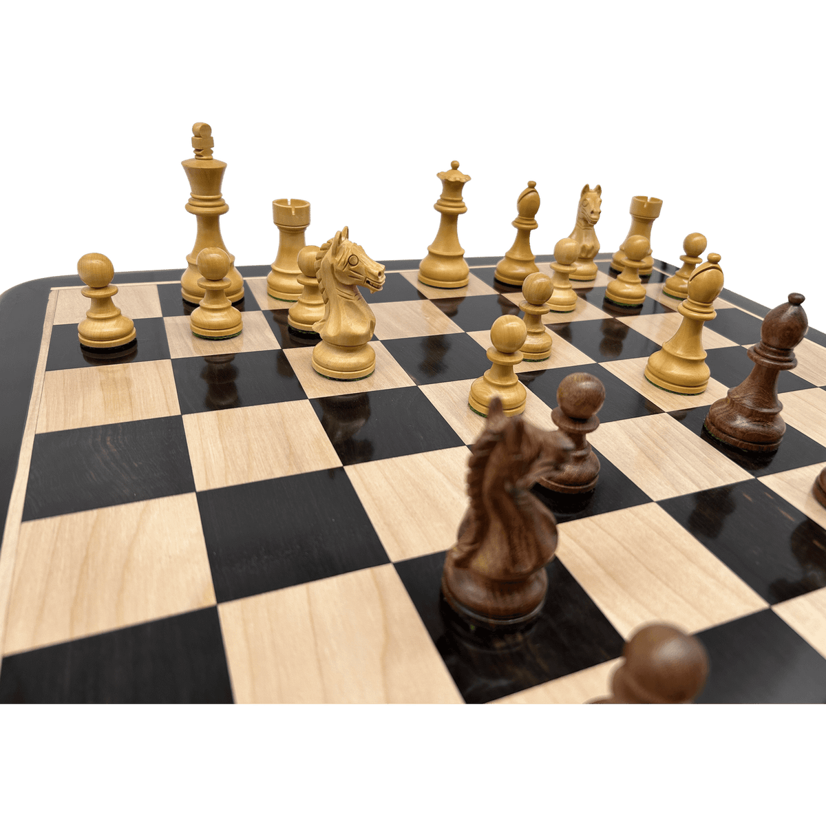 Rex Noir London Classic Double Weighted Acacia Staunton with detailed Knight Chess Pieces Ebony Chessboard during game
