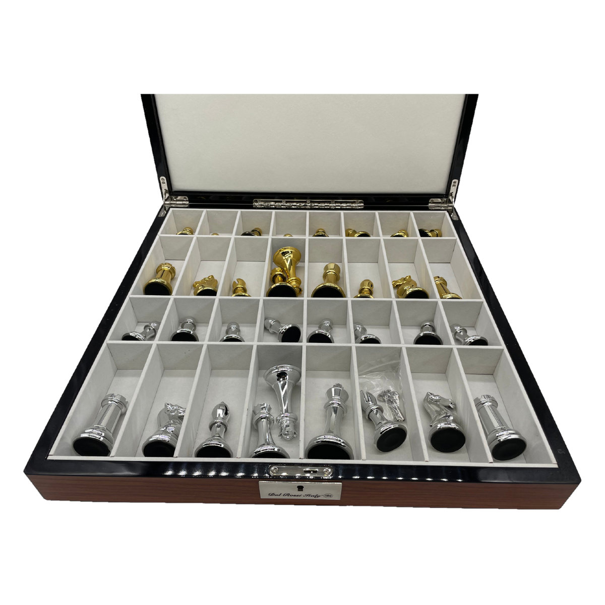 Dal Rossi 50cm Walnut Board & 105mm Gold/Silver Colour Chess Pieces storage