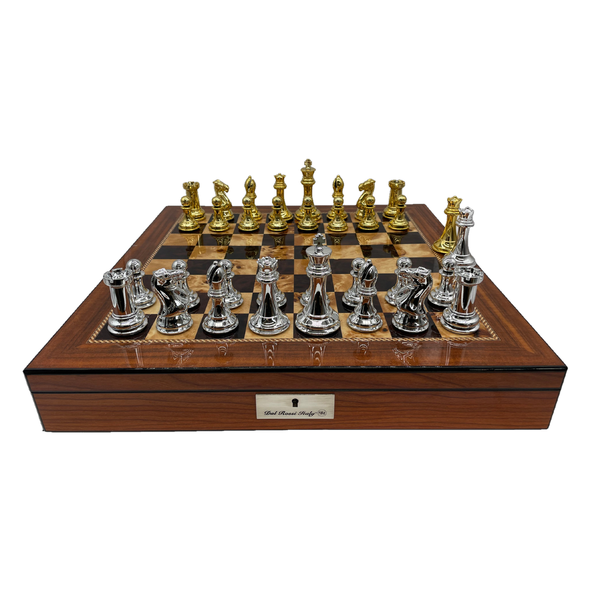 Dal Rossi 50cm Walnut Board & 105mm Gold/Silver Colour Chess Pieces front