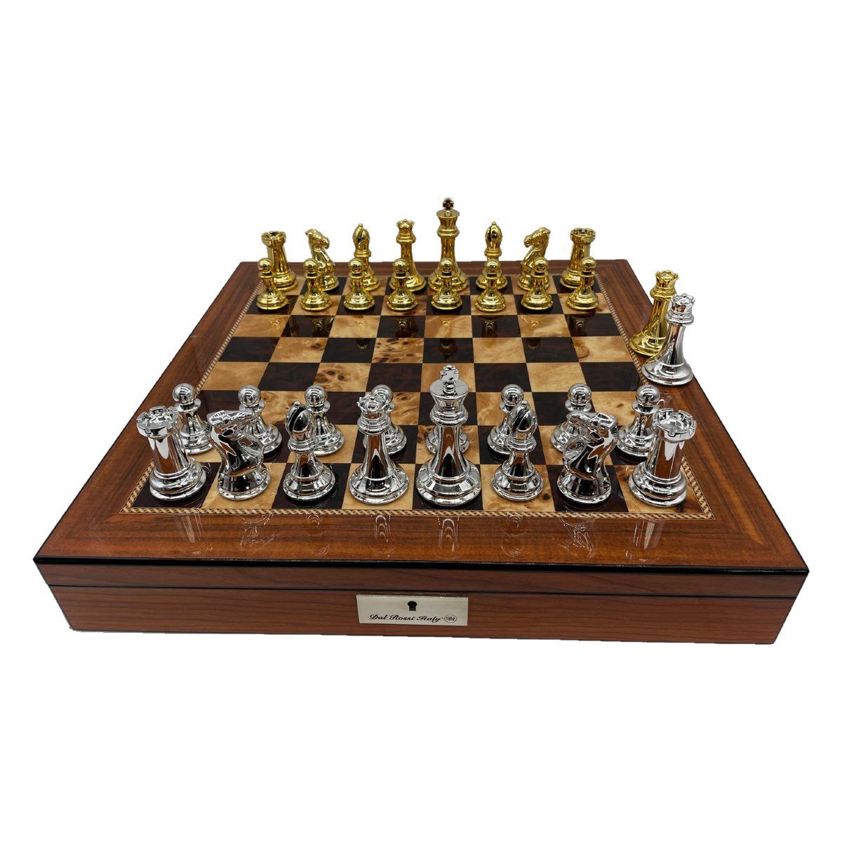 Dal Rossi 50cm Walnut Board & 105mm Gold/Silver Colour Chess Pieces