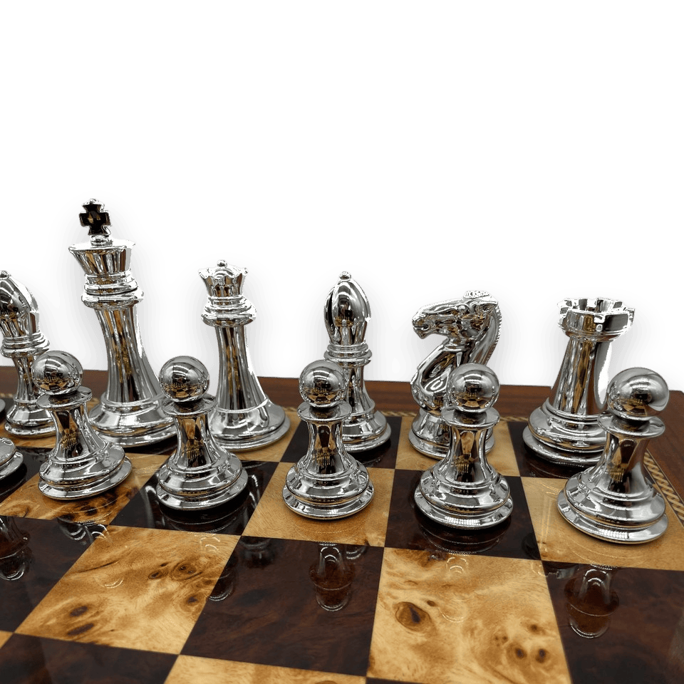 Dal Rossi 50cm Walnut Board & 105mm Gold/Silver Colour Chess Pieces silver
