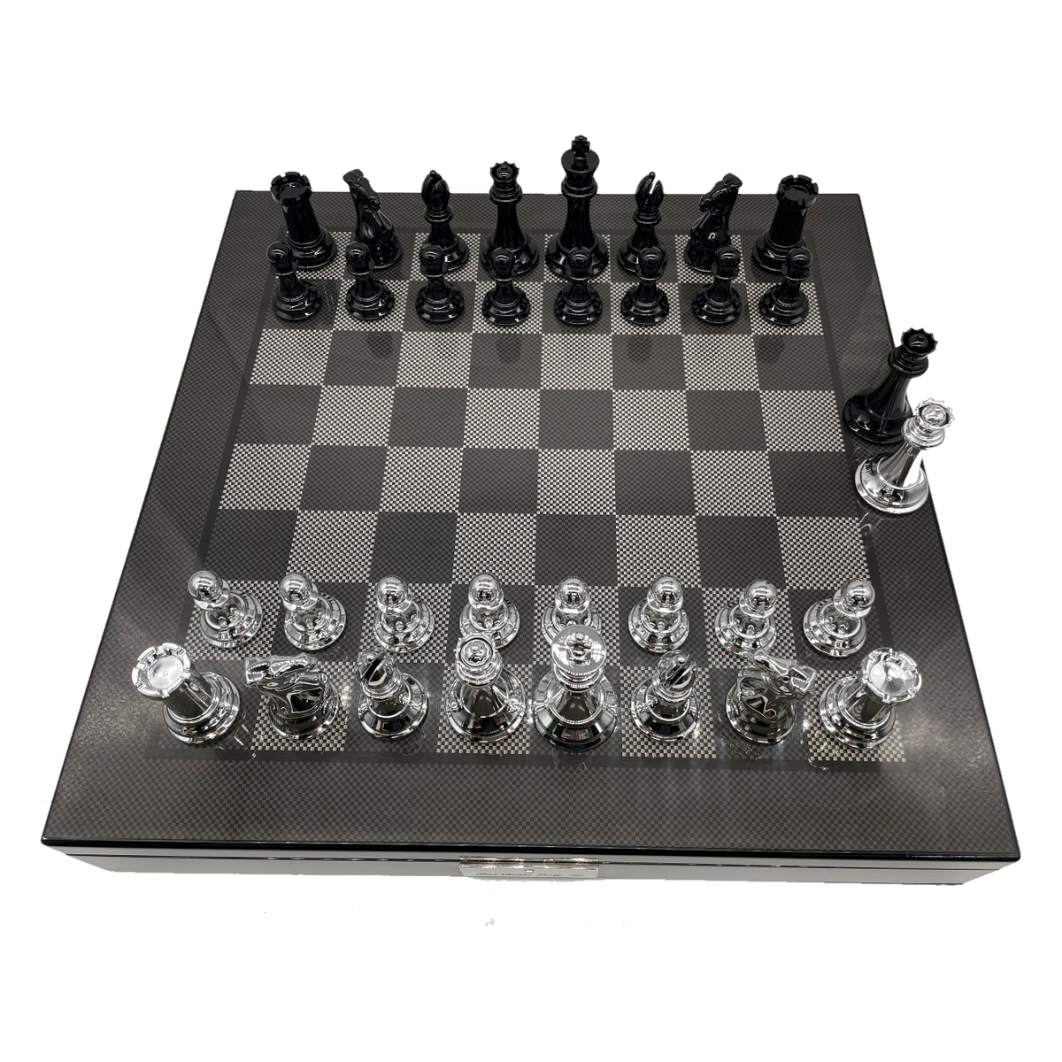 Dal Rossi Carbon Fibre Finish Chess Board & 105mm Silver/Black Pieces from above