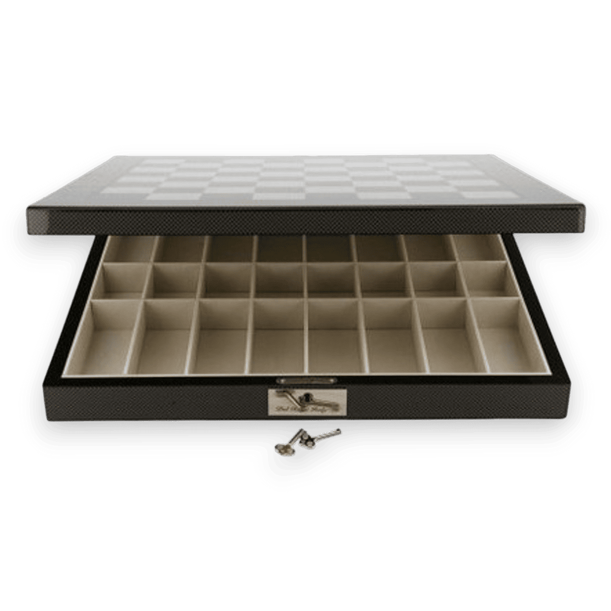 Dal Rossi Carbon Fibre Finish Chess Board & 105mm Silver/Black Pieces storage