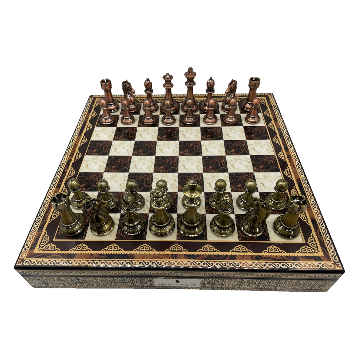 Dal Rossi Mosaic Board & 105mm Bronze/Copper Chess Pieces