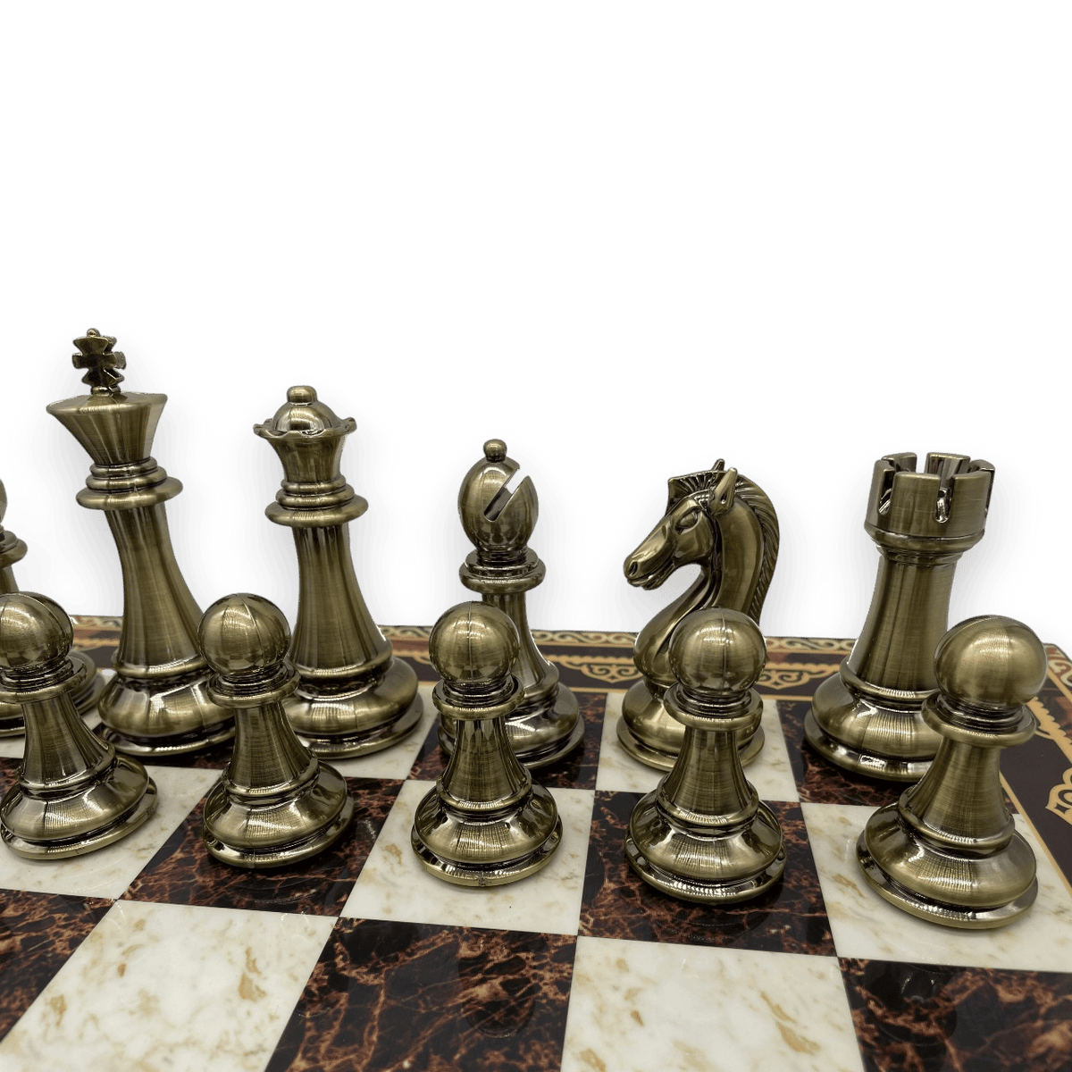 Dal Rossi Mosaic Board & 105mm Bronze/Copper Chess Pieces bronze