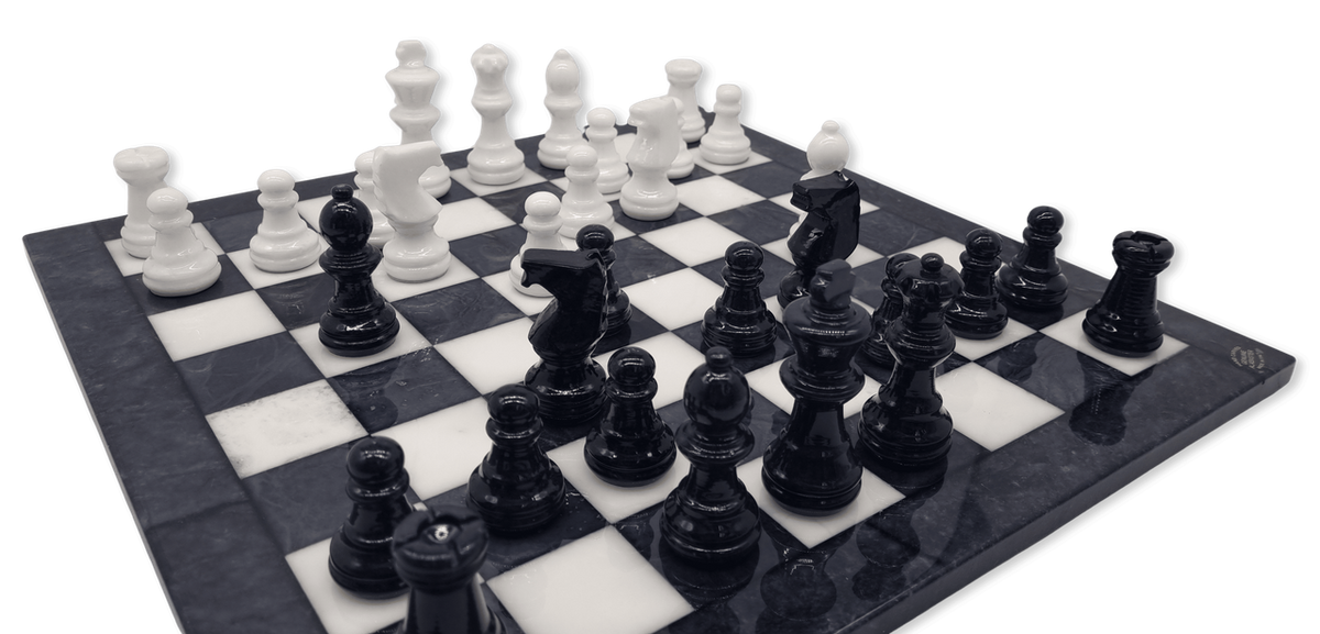 Midnight Pearl Classic Alabaster Chess Set - close up position