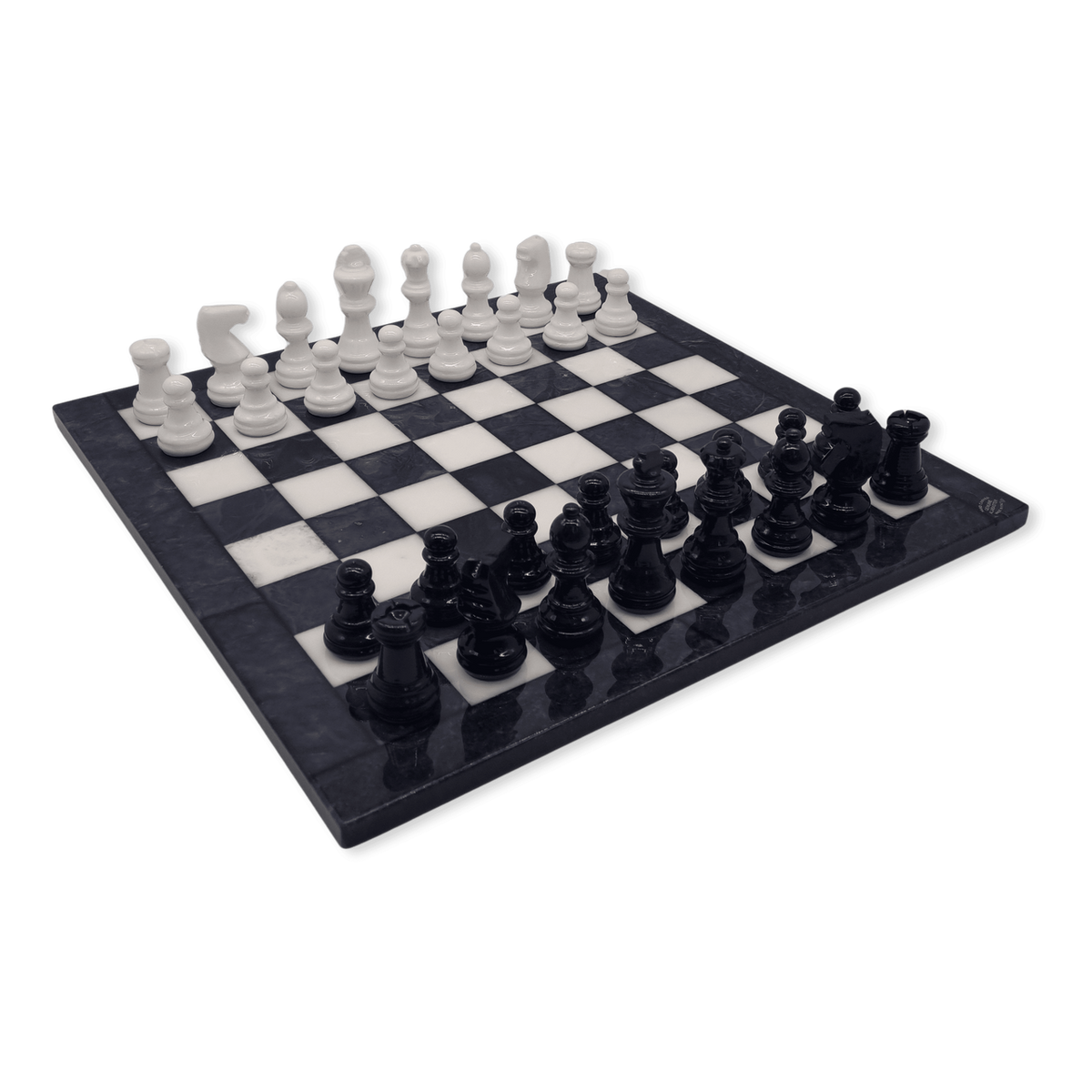 Midnight Pearl Classic Alabaster Chess Set - diagonal view