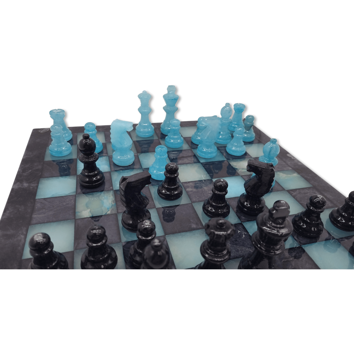 Midnight Tide Classic Alabaster Chess Set - close up