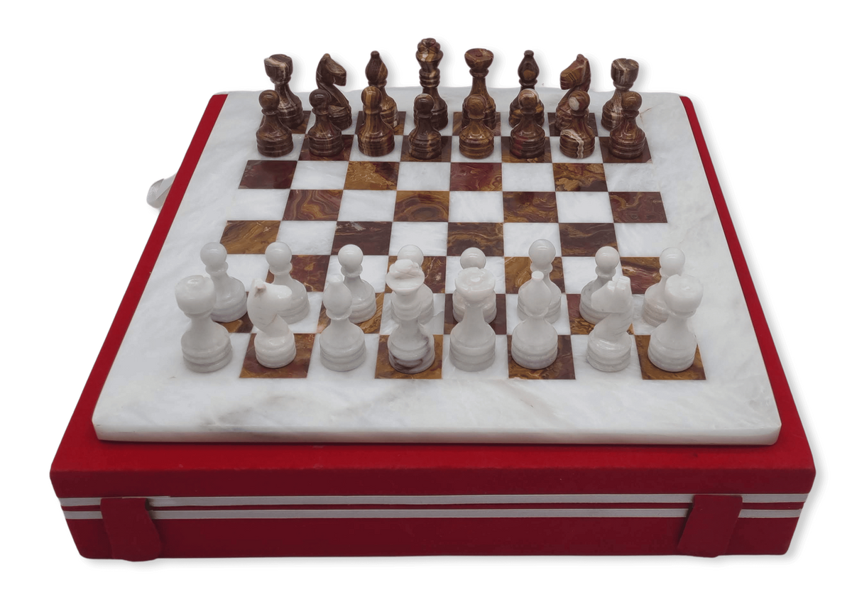 Red Onyx & White Marble Chess Set with Red Case